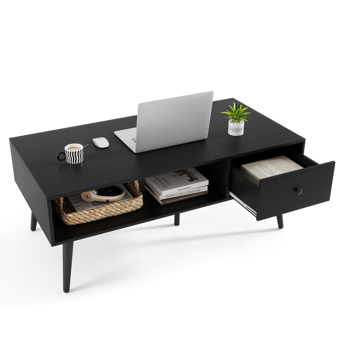 109cm Rectangular Coffee Table with Drawer and Storage Shelf-Black