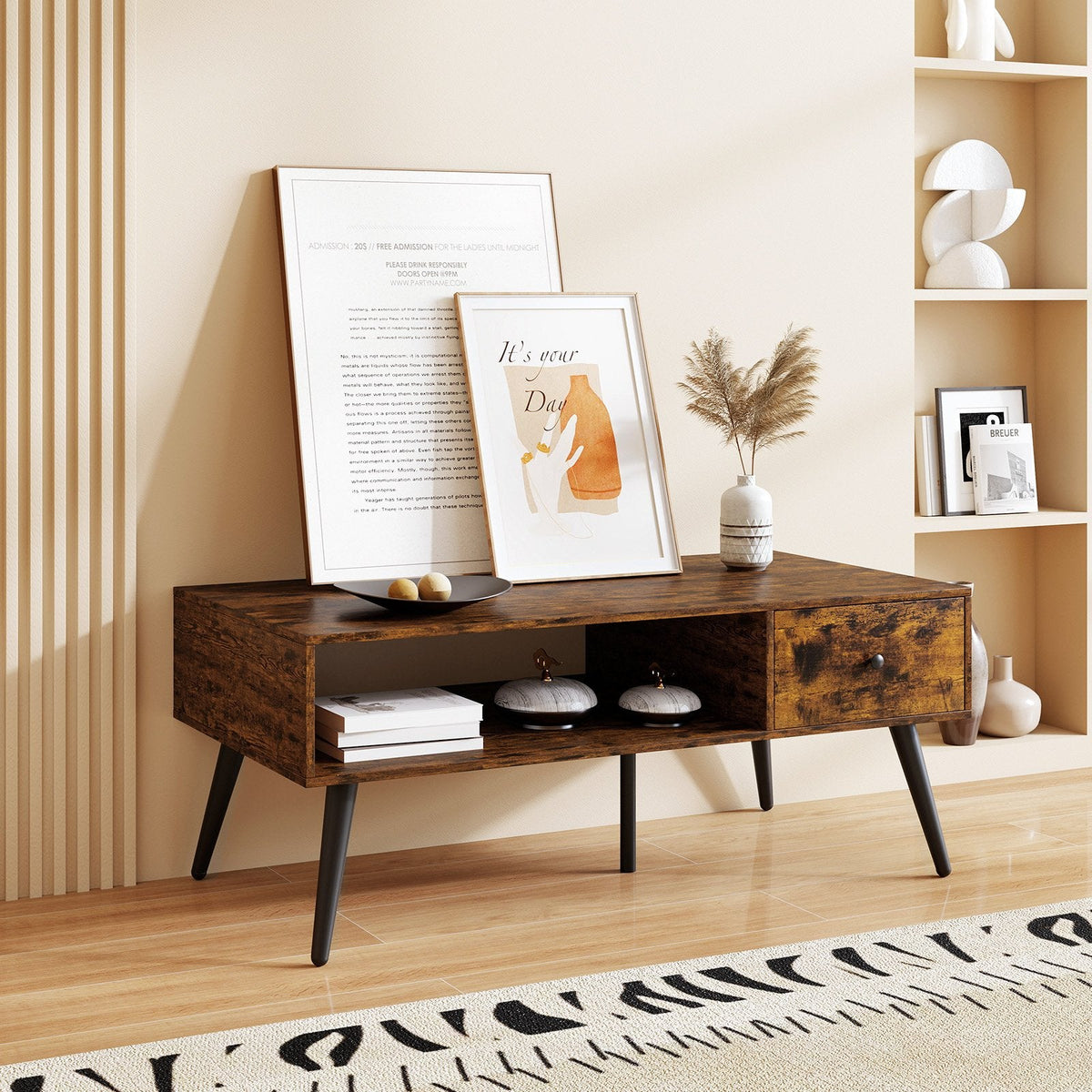 109cm Rectangular Coffee Table with Drawer and Storage Shelf-Black