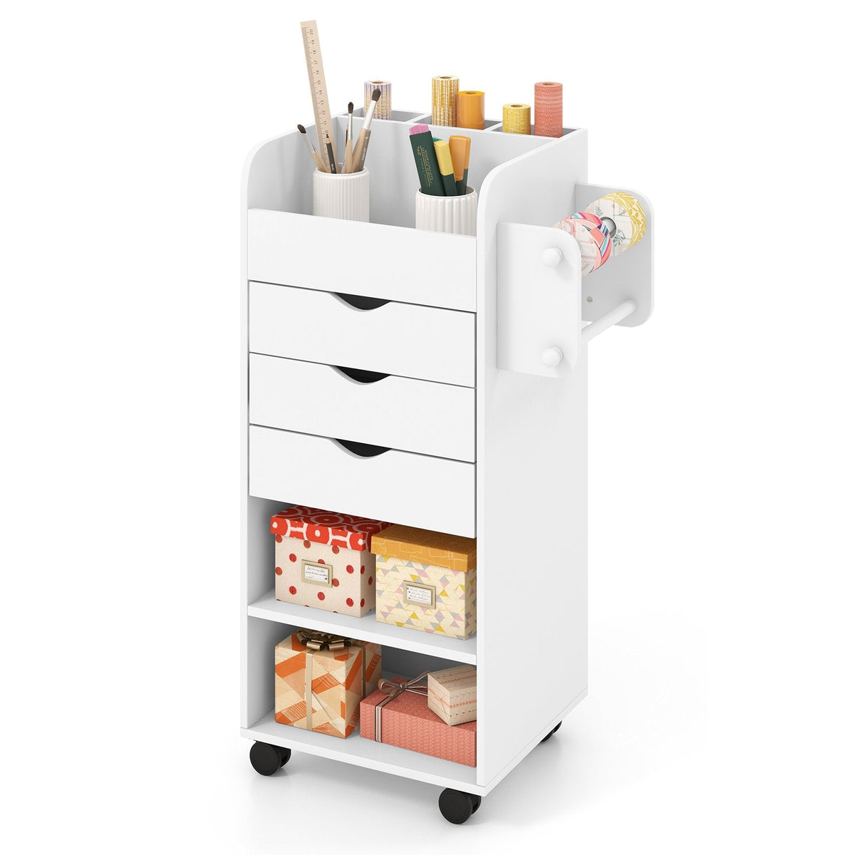 Mobile Rolling Storage Cart with 3 Drawers 2 Shelves and 2 Dowel Rods-White