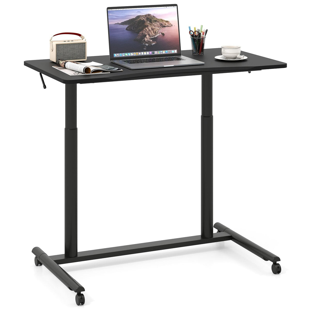 C-Shaped Mobile Standing Desk with Adjustable Height and Lockable Wheels-Black