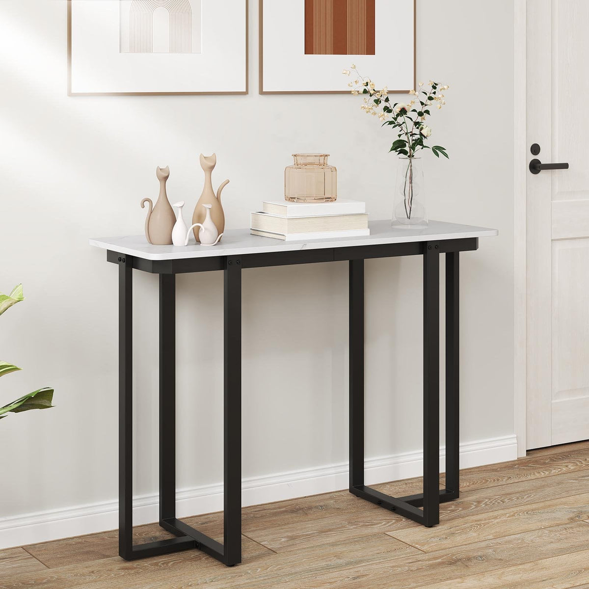 Modern Faux Marble Entryway Console Table with Geometric Metal Frame-Black