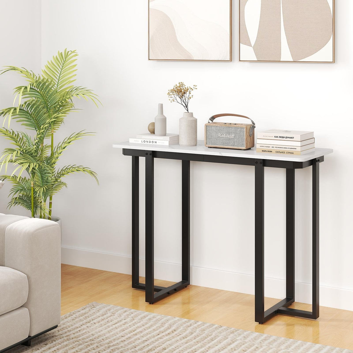 Modern Faux Marble Entryway Console Table with Geometric Metal Frame-Black
