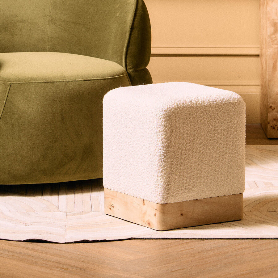 Mota Cream Boucle and Burl Wood Square Stool