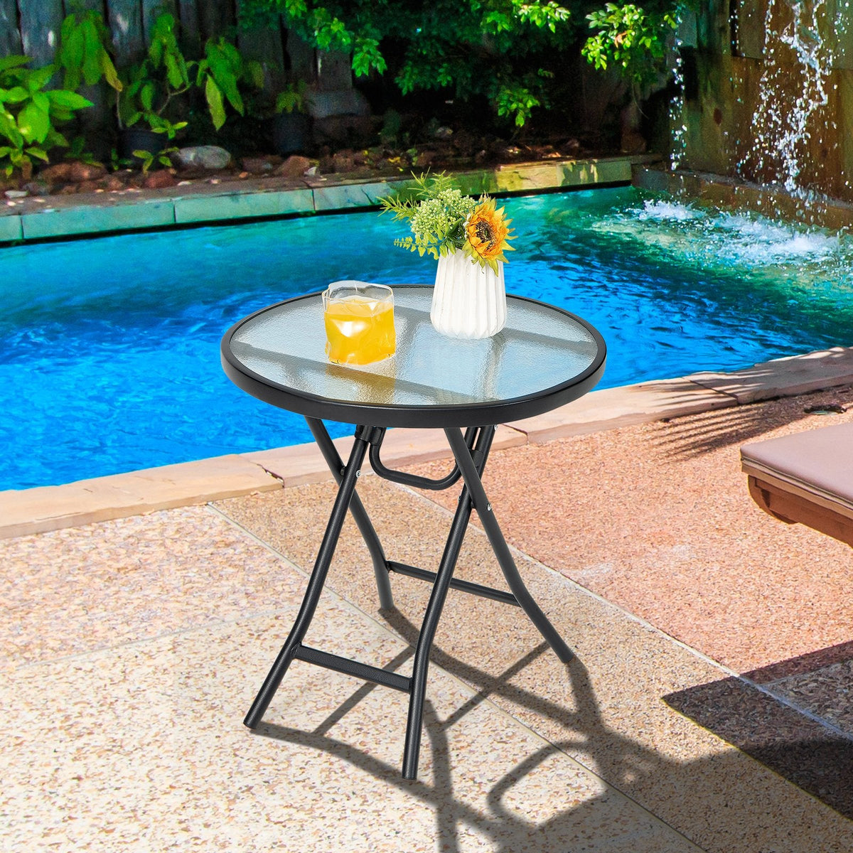 Folding Garden Side Table with Tempered Glass for Balcony Backyard