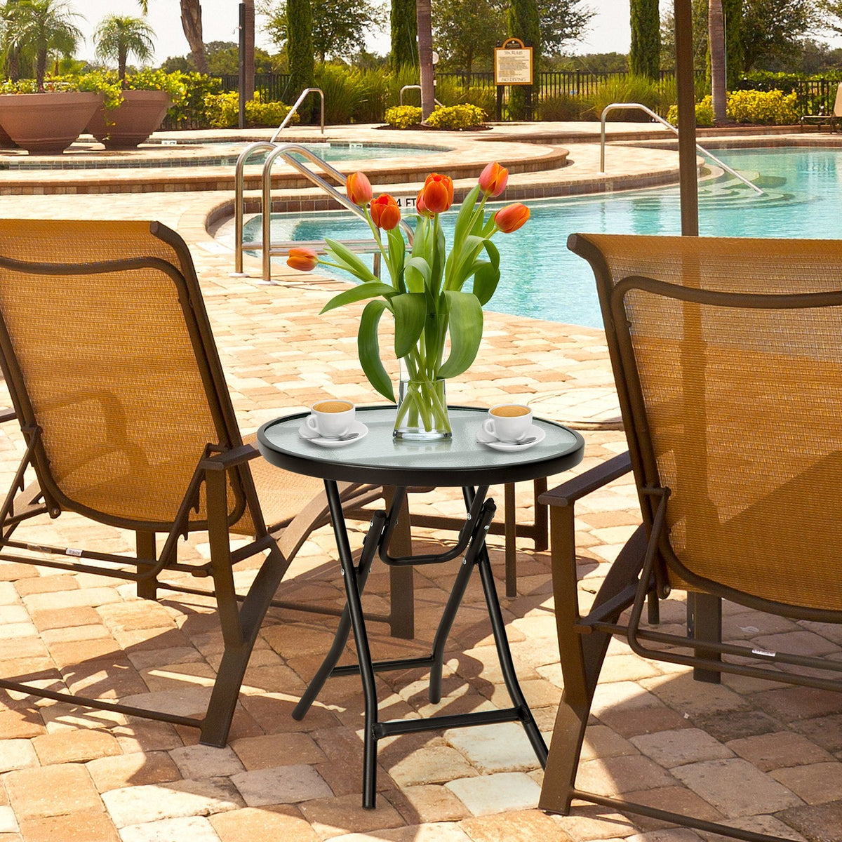 Folding Garden Side Table with Tempered Glass for Balcony Backyard