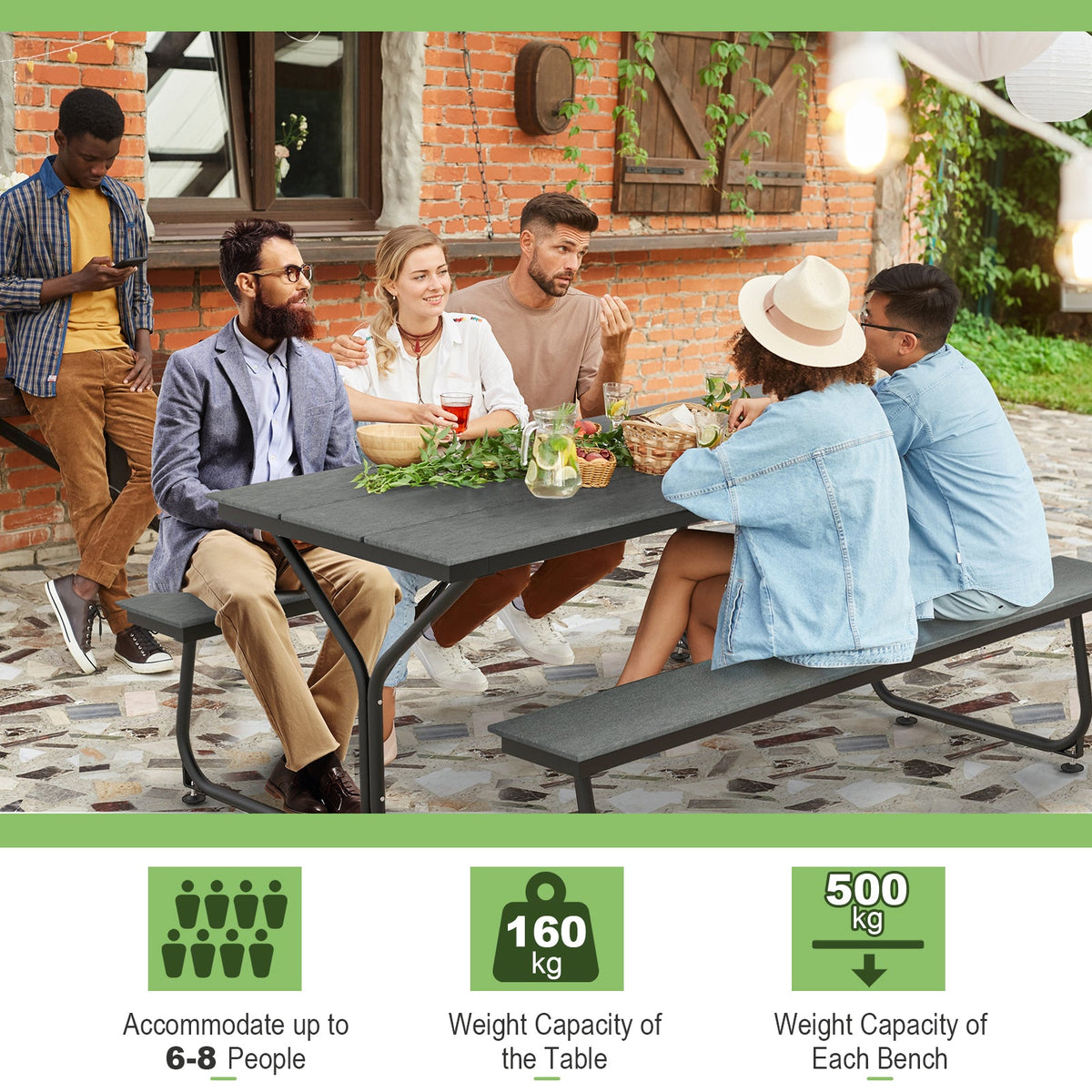 Outdoor Picnic Table Bench Set for 6-8 People-Brown
