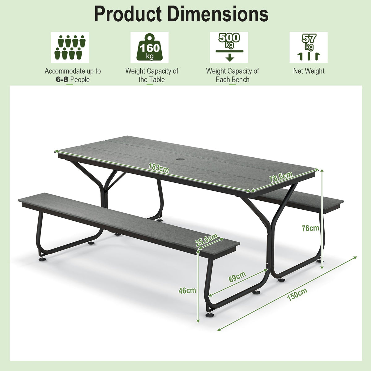 Outdoor Picnic Table Bench Set for 6-8 People-Brown