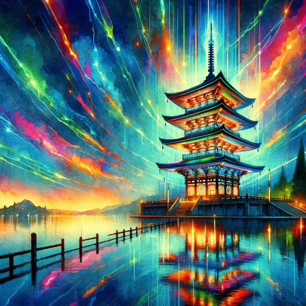 Neon Reflection Pagoda Canvas