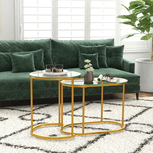 Nesting Coffee Table Set of 2 with Tempered Glass Tabletop-Golden