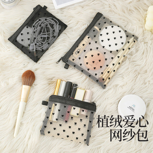 Bei Lian small size mesh cosmetic bag portable flocking cosmetic storage bag love fashion lipstick storage bag wholesale