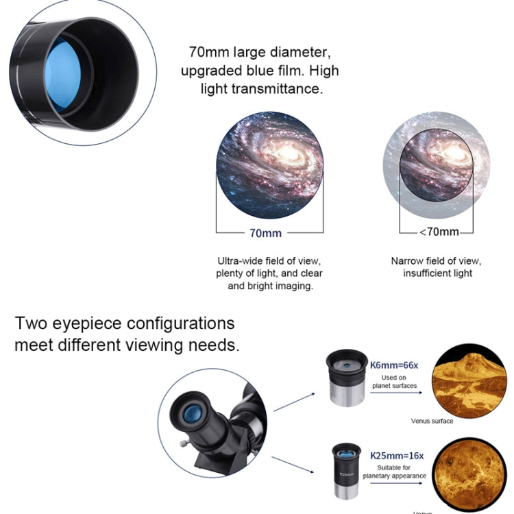WR852-3 16x/66x70 High Definition High Times Astronomical Telescope with Tripod & Phone Fixing Clip & Moon Filter, 66x70 White + Moon Filter, 66x70 Blue + Moon Filter
