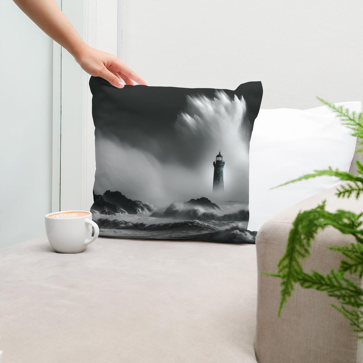 Solitary Beacon: Stormy Seas Cotton Cushion
