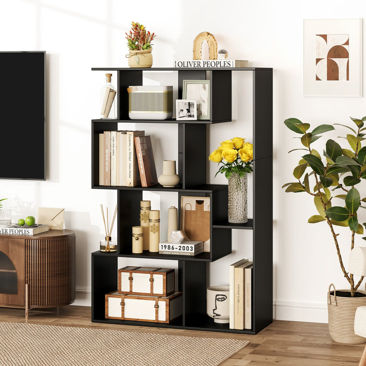6-Cube Open-back Geometric Bookshelf with Anti-tip Kits-Black