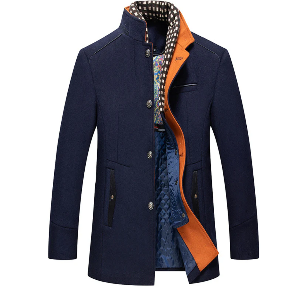 Mens Wool Coat Winter Overcoat Stand Collar Scarf Navy Blue Size M Biutimarden