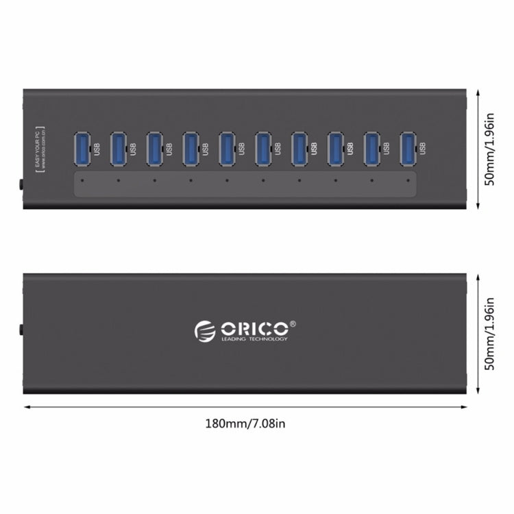ORICO A3H10 Aluminum High Speed 10 Ports USB 3.0 HUB with Power Adapter for Laptops, 10 Ports (Black)
