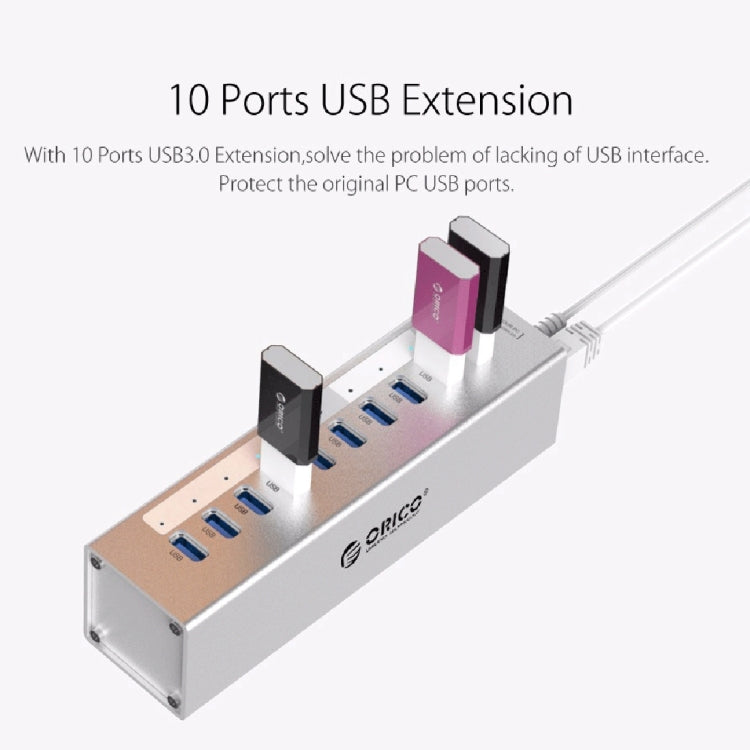 ORICO A3H10 Aluminum High Speed 10 Ports USB 3.0 HUB with Power Adapter for Laptops, 10 Ports (Black)