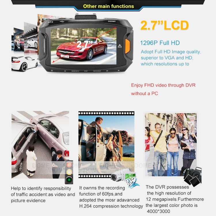 GS90C Car DVR Camera 2.7 inch LCD Screen HD 2304 x 1296P 170 Degree Wide Angle Viewing, Support Motion Detection / TF Card / G-Sensor / HDMI, GS90C