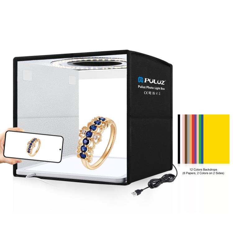 PULUZ 25cm Folding Portable High CRI Ring LED Photo Lighting Studio Tent Box + Shadowless Light Lamp Panel Pad with 12 Colors Backdrops, Size: 25cm x 25cm x 25cm, 25cm High CRI Box + Shadowless Light
