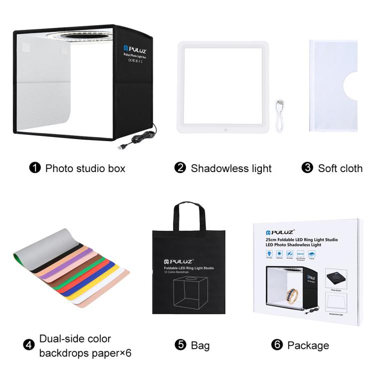 PULUZ 25cm Folding Portable High CRI Ring LED Photo Lighting Studio Tent Box + Shadowless Light Lamp Panel Pad with 12 Colors Backdrops, Size: 25cm x 25cm x 25cm, 25cm High CRI Box + Shadowless Light