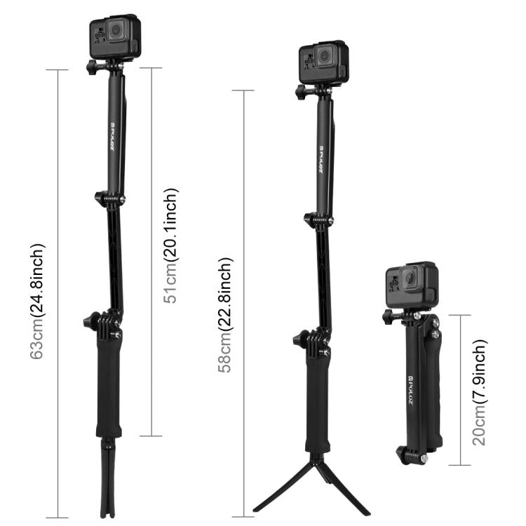 PULUZ 3-Way Grip Foldable Tripod Selfie-stick Extension Monopod for GoPro, Insta360 ONE R, DJI Osmo Action and Other Action Cameras, Length: 20-58cm, Length: 20-58cm