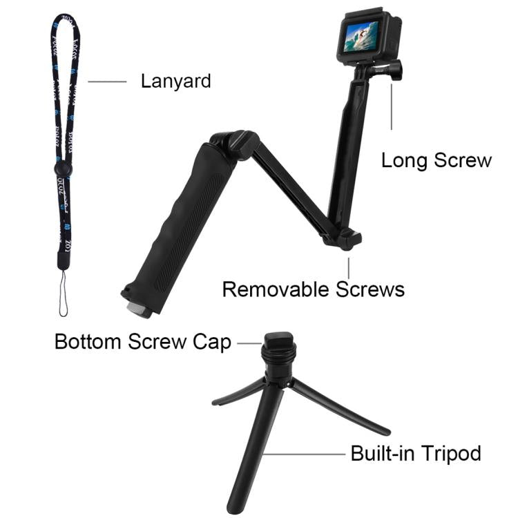 PULUZ 3-Way Grip Foldable Tripod Selfie-stick Extension Monopod for GoPro, Insta360 ONE R, DJI Osmo Action and Other Action Cameras, Length: 20-58cm, Length: 20-58cm