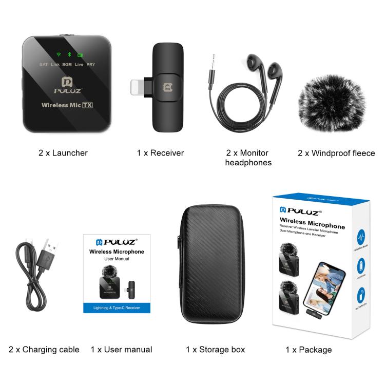 PULUZ Wireless Lavalier Microphone for iPhone & iPad – Dual Mic with ENC Noise Reduction