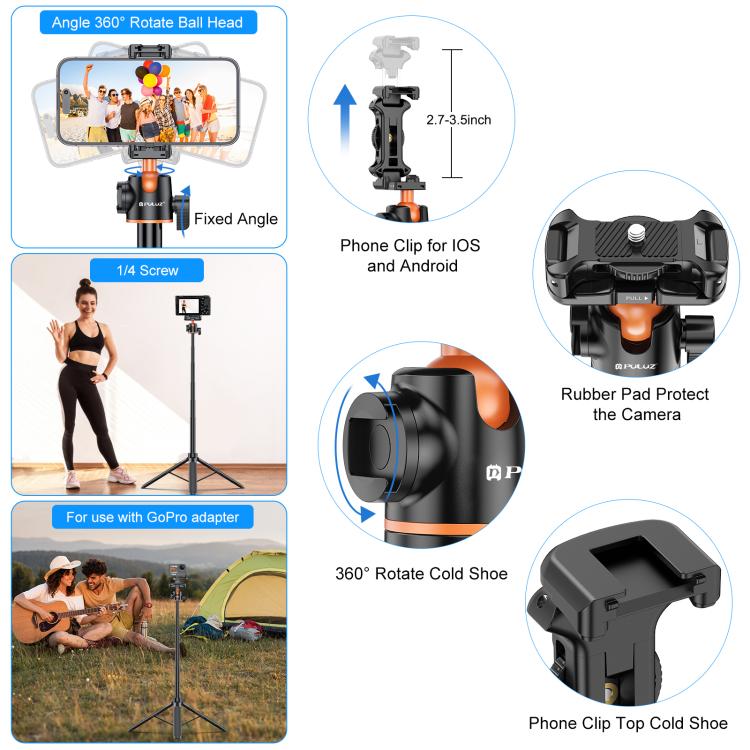 PULUZ 1.3m Phone Selfie Stick Tripod Vlog Live Streaming Holder with Phone Clip, 1.4m  Phone Tripod