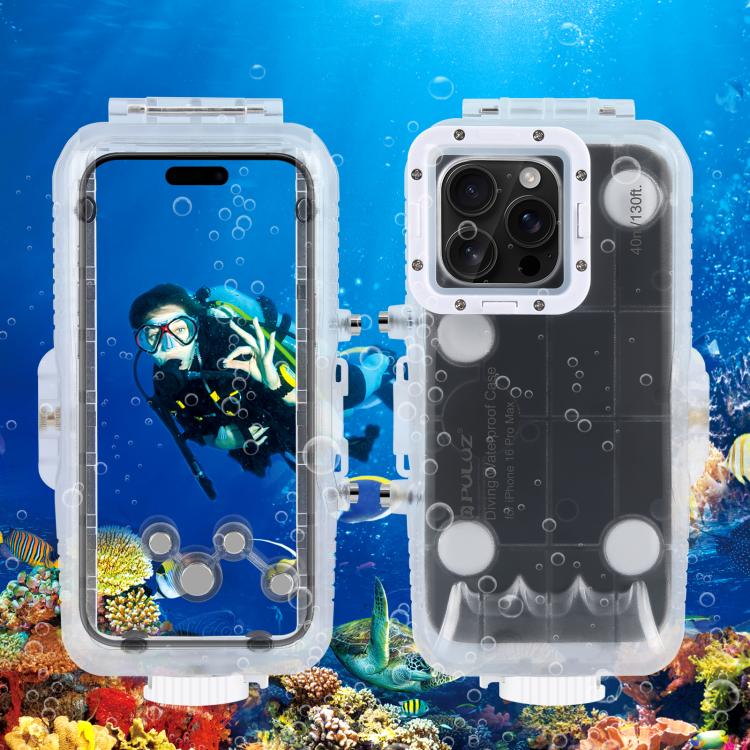 For iPhone 16 Pro Max PULUZ 40m/130ft Waterproof Diving Case with One-way Valve Photo Video Taking Underwater Housing Cover, For iPhone 16 Pro Max (Transparent)