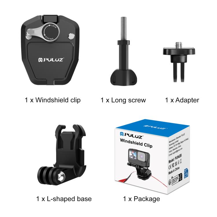 PULUZ Motorcycle Windshield Action Camera Mount Clip for GoPro Hero12 Black / DJI Osmo Action 4 / Insta360 X4 / Ace Pro and Other Action Cameras, Windshield Clip I