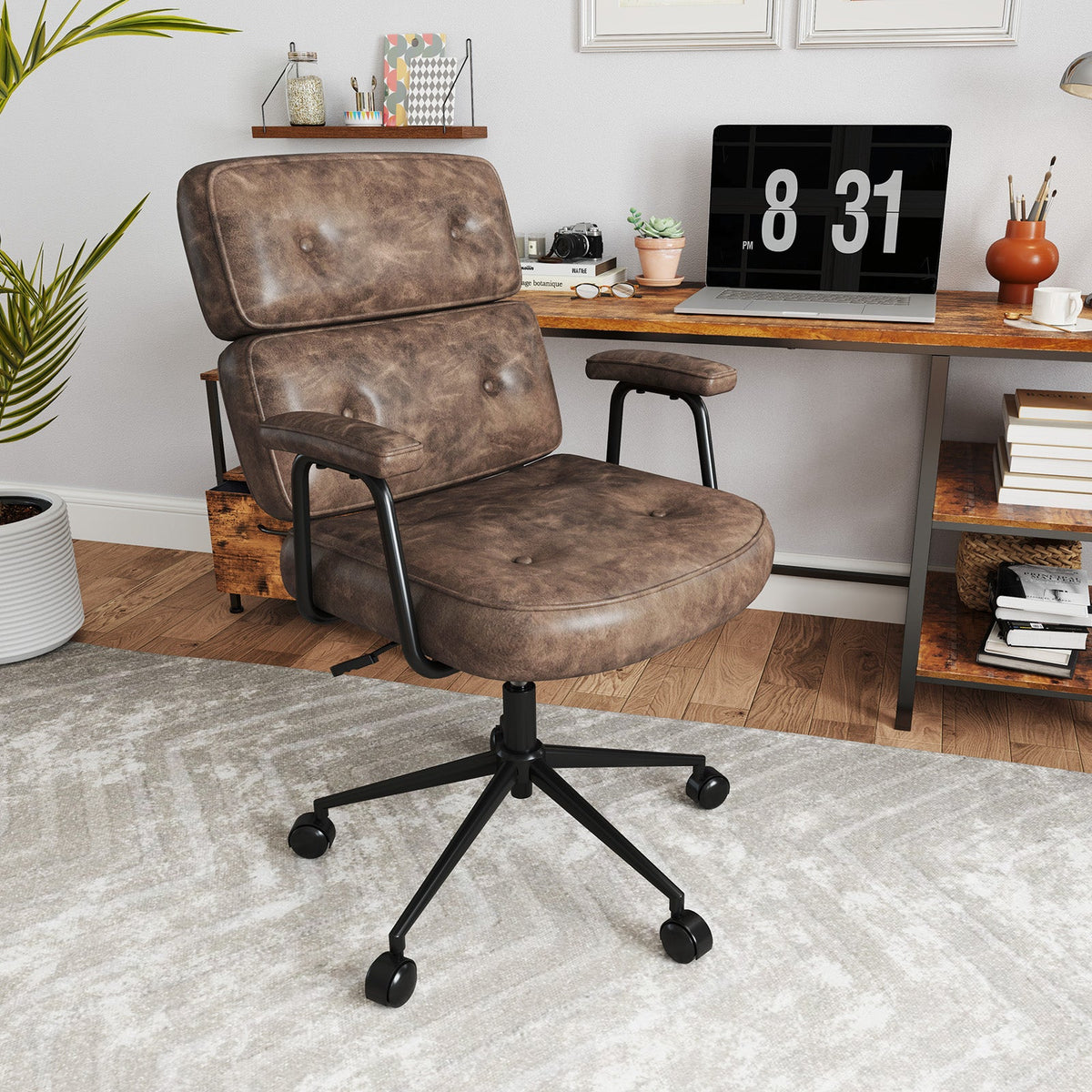 PU Leather Upholstered Office Chair with Button Tufted Back-Black