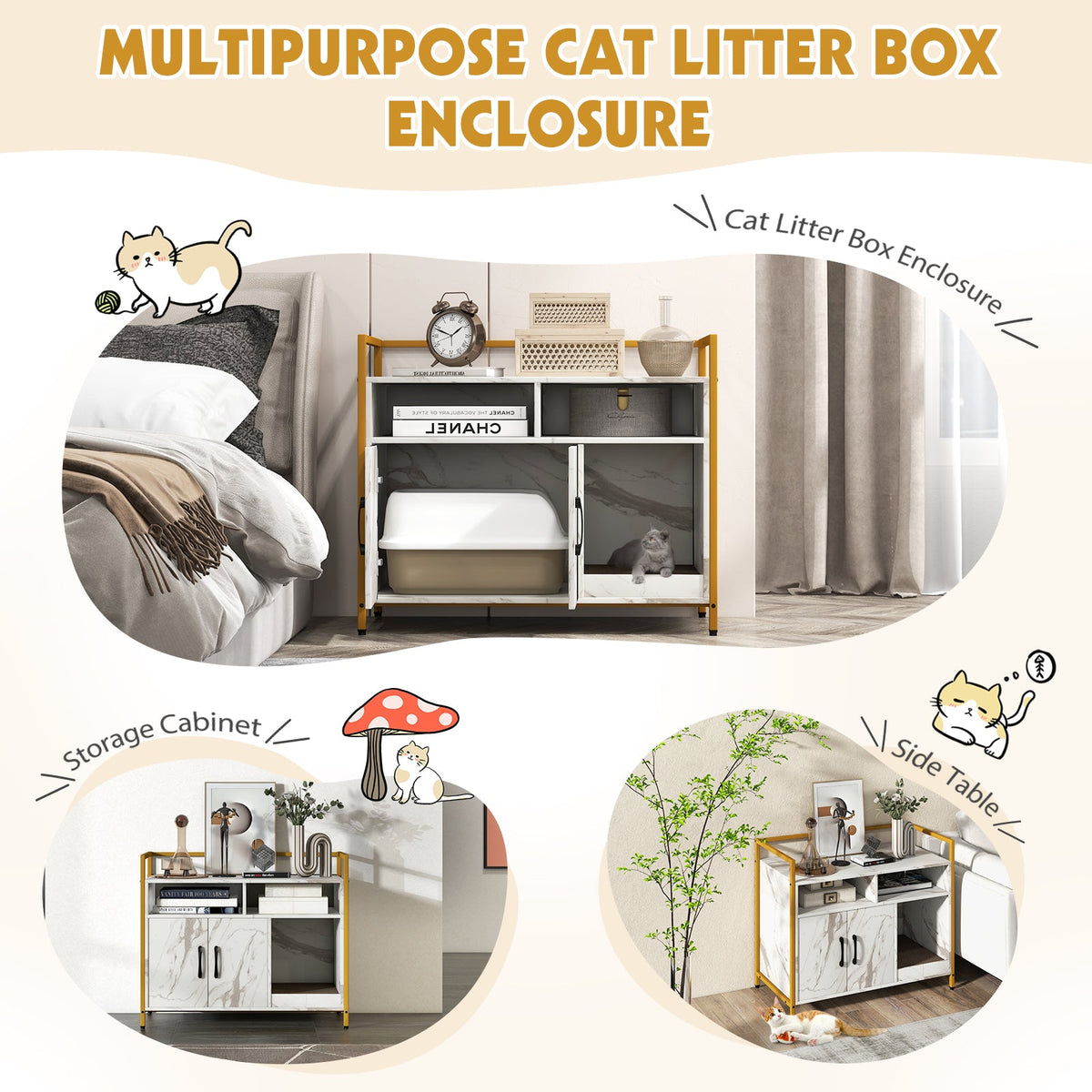 Wooden Cat Litter Box Enclosure with Compartments and Scratching Board-Black