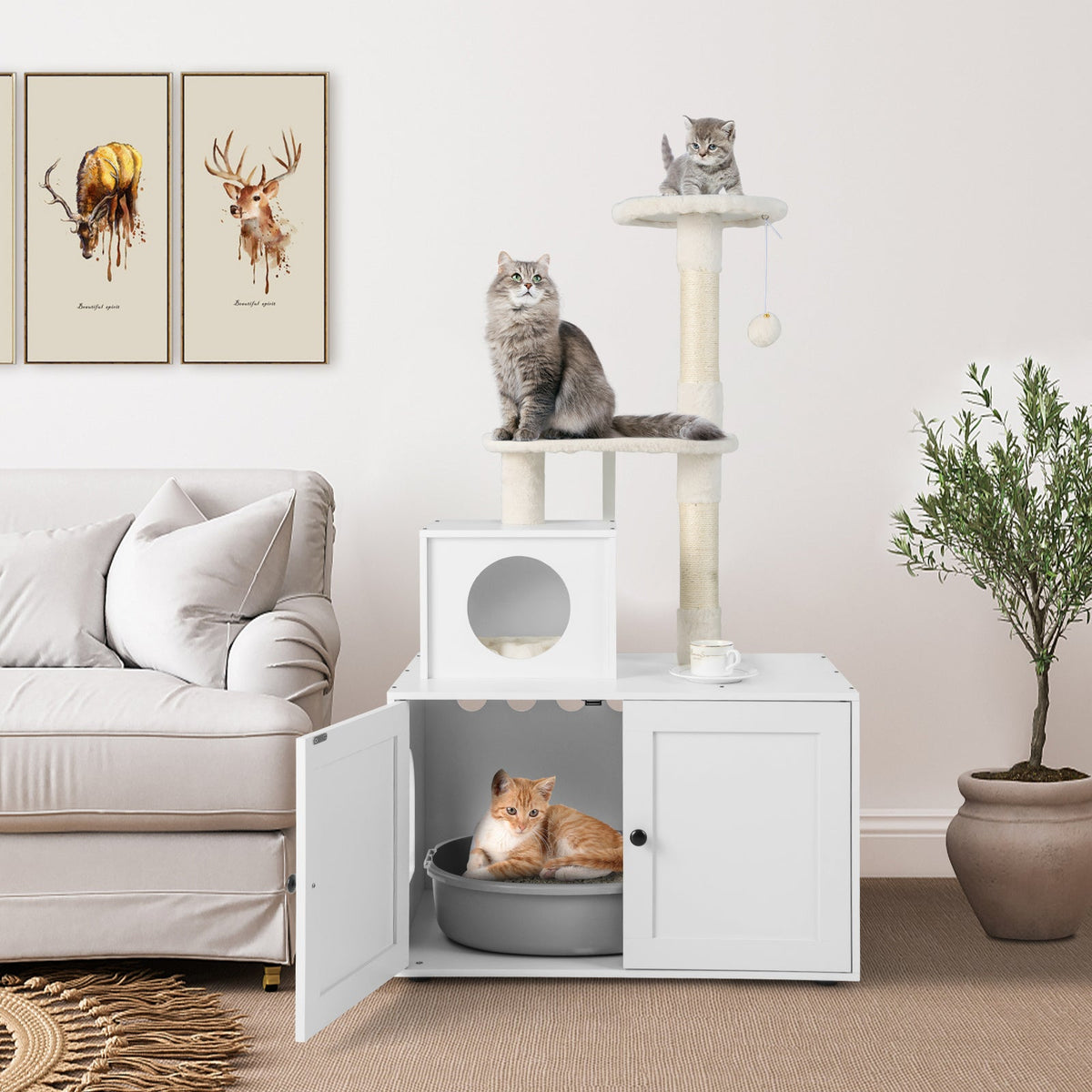 Cat Litter Box Enclosure with Cat Tree and Kitty Condo-Rustic Brown