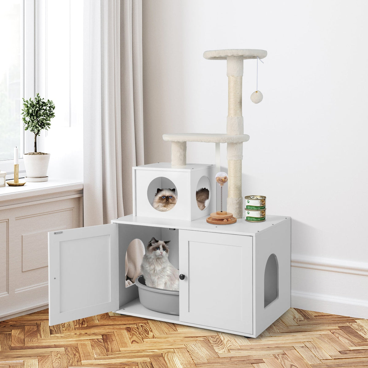 Cat Litter Box Enclosure with Cat Tree and Kitty Condo-Rustic Brown