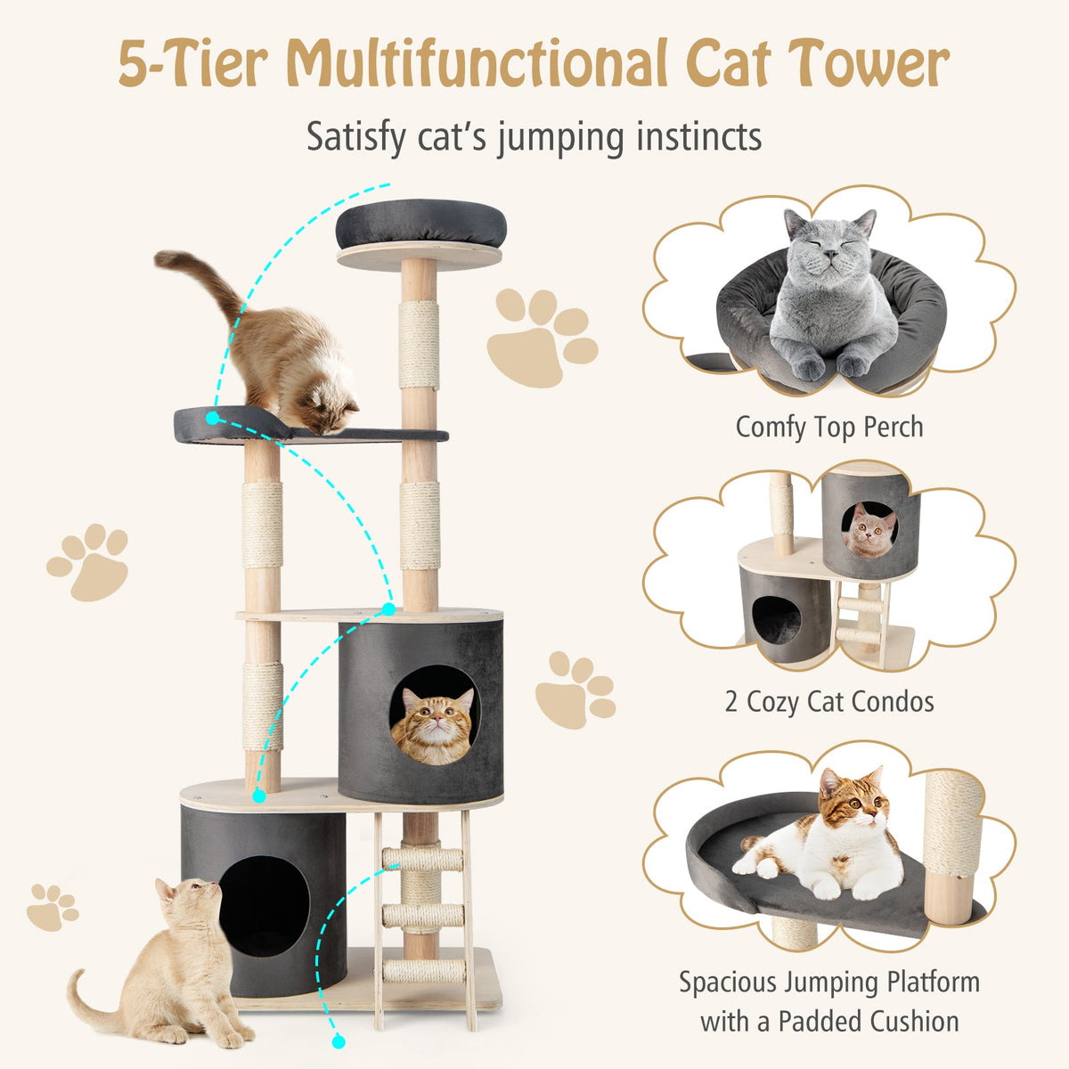 Multi-level Cat Furniture with 2 Cozy Condos-Grey