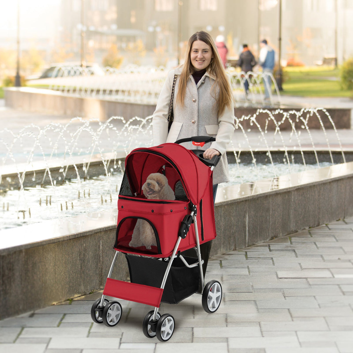 4-Wheel Folding Pet Stroller with Storage Basket and Adjustable Canopy-Beige