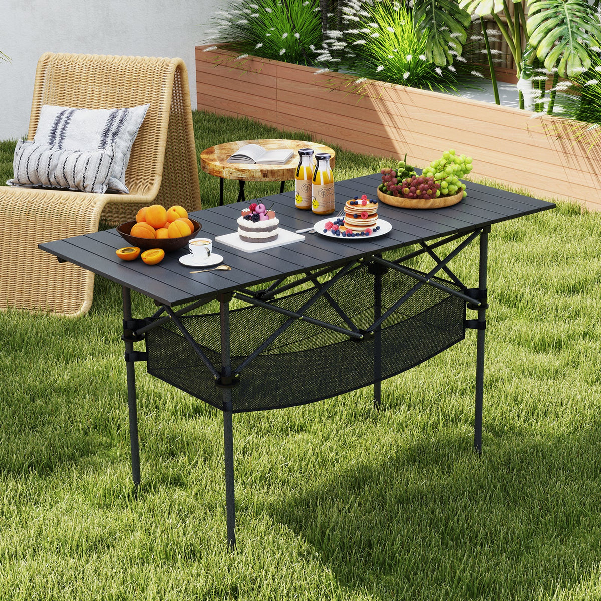 Patio Folding Camping Table Picnic Table with Aluminum Roll-up Tabletop-Black