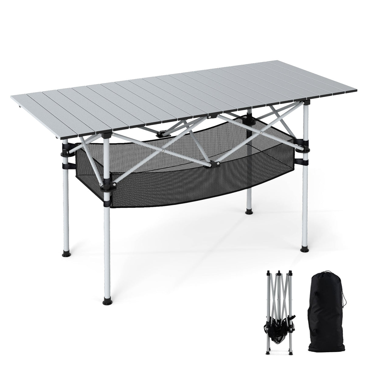 Patio Folding Camping Table Picnic Table with Aluminum Roll-up Tabletop-Black