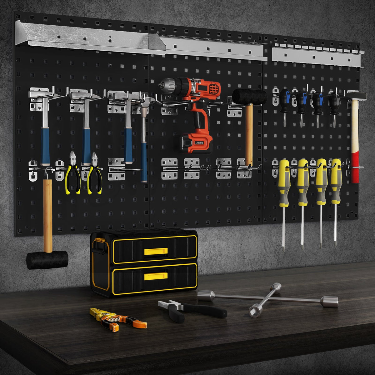 Wall-Mounted Pegboard Tool Organizing Kit with 28 PCS Hanging Accessories-Black