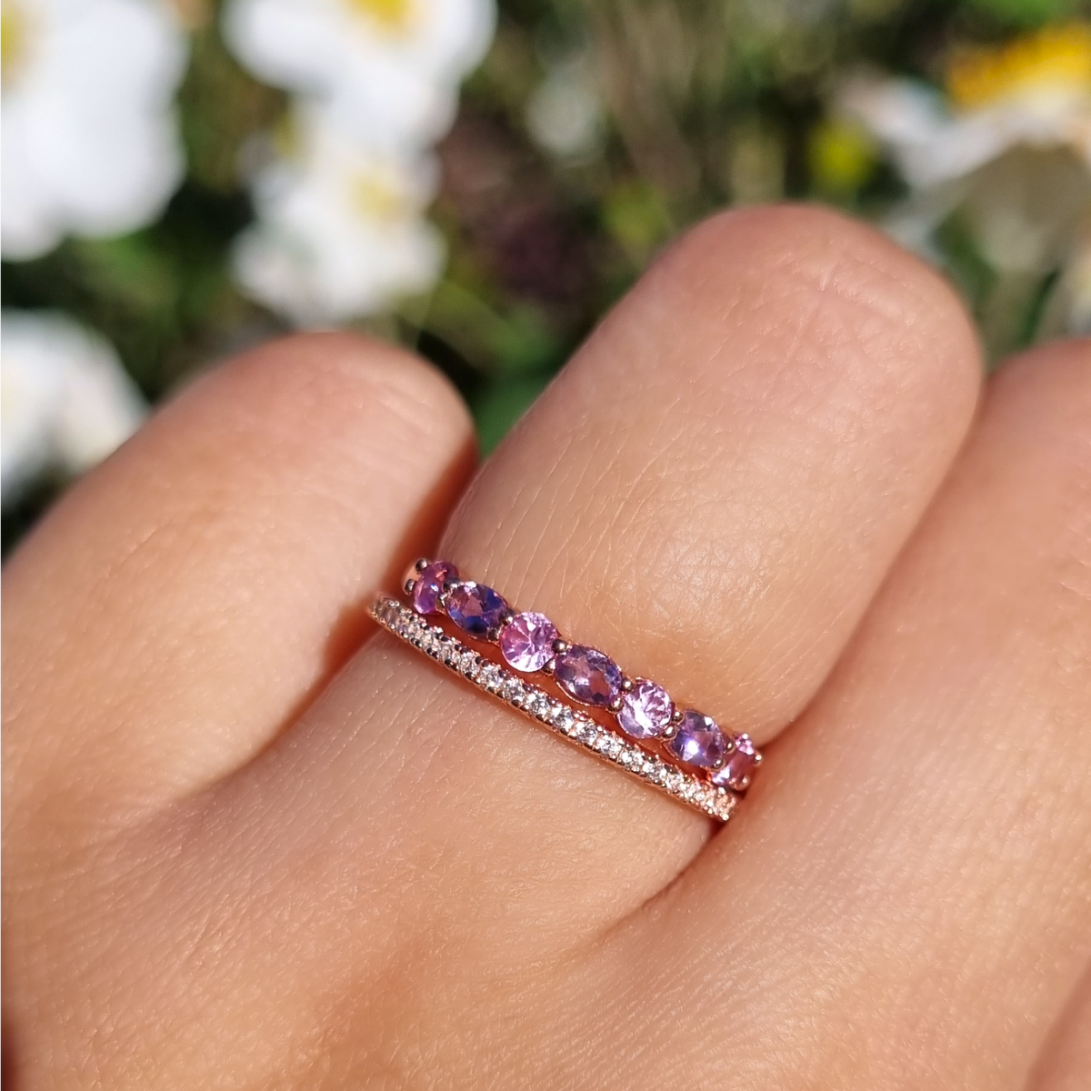 Pink Sapphire & Pink Amethyst Half Eternity Band in 18K Rose Gold Vermeil