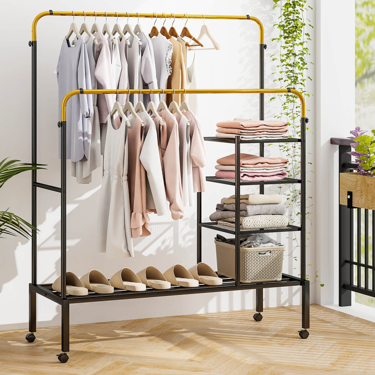 Rolling Clothes Drying Rack with 2 Adjustable Hanging Bars-Black & Silver