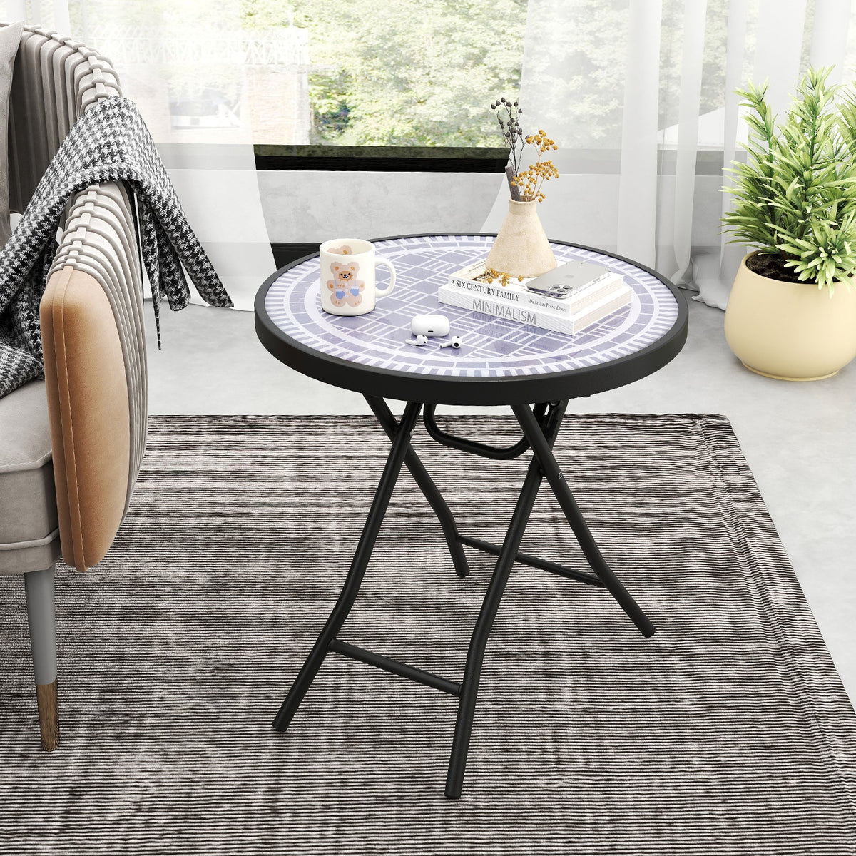 Round Folding Side Patio Coffee Table with Tempered Glass Tabletop-Black