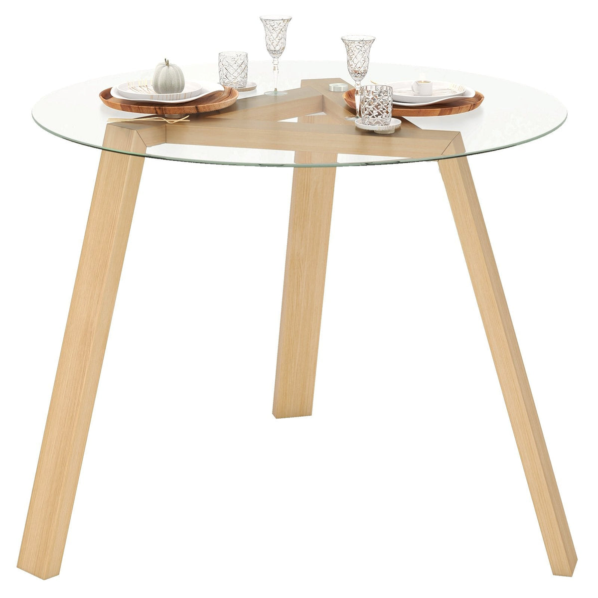 Round Glass Dining Table with Tempered Glass Tabletop for 4 People-Natural