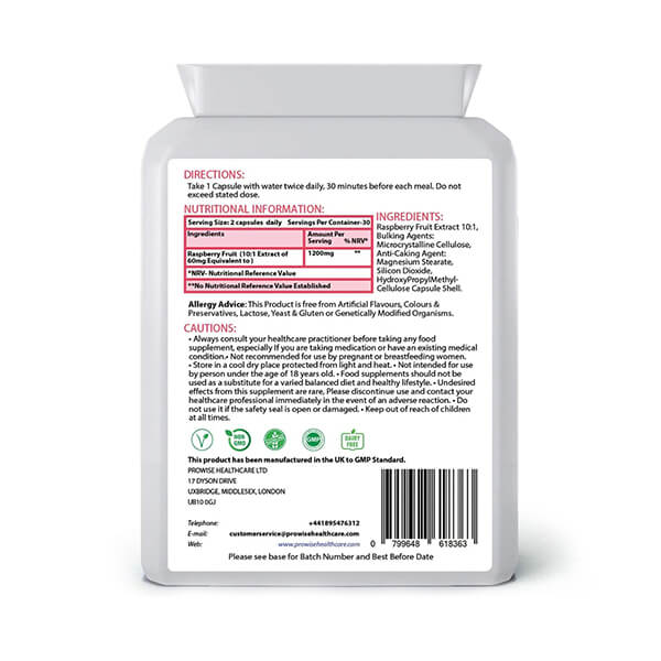Raspberry Fruit Extract 1200mg - 60 Capsules x 3 Pack - UK Manufactured | GMP Standards by Prowise Healthcare