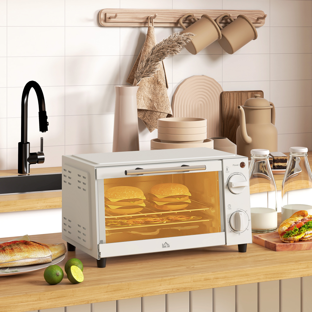 HOMCOM Mini Oven 9L Countertop Electric Grill with Temp Timer Control 750W