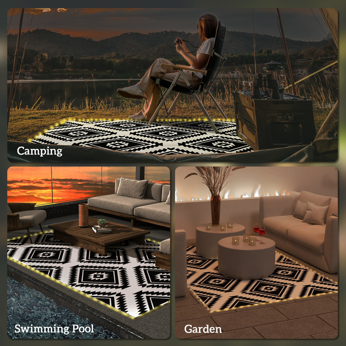 Outsunny Waterproof Outdoor Rug with LED String Light, 182 x 274cm
