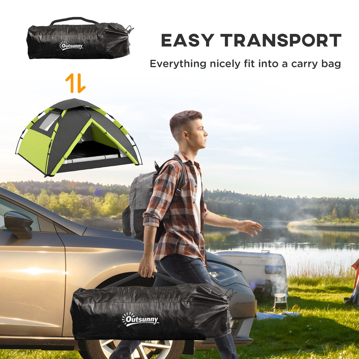Outsunny 3-4 Man Camping Tent Portable with Bag, Quick Setup