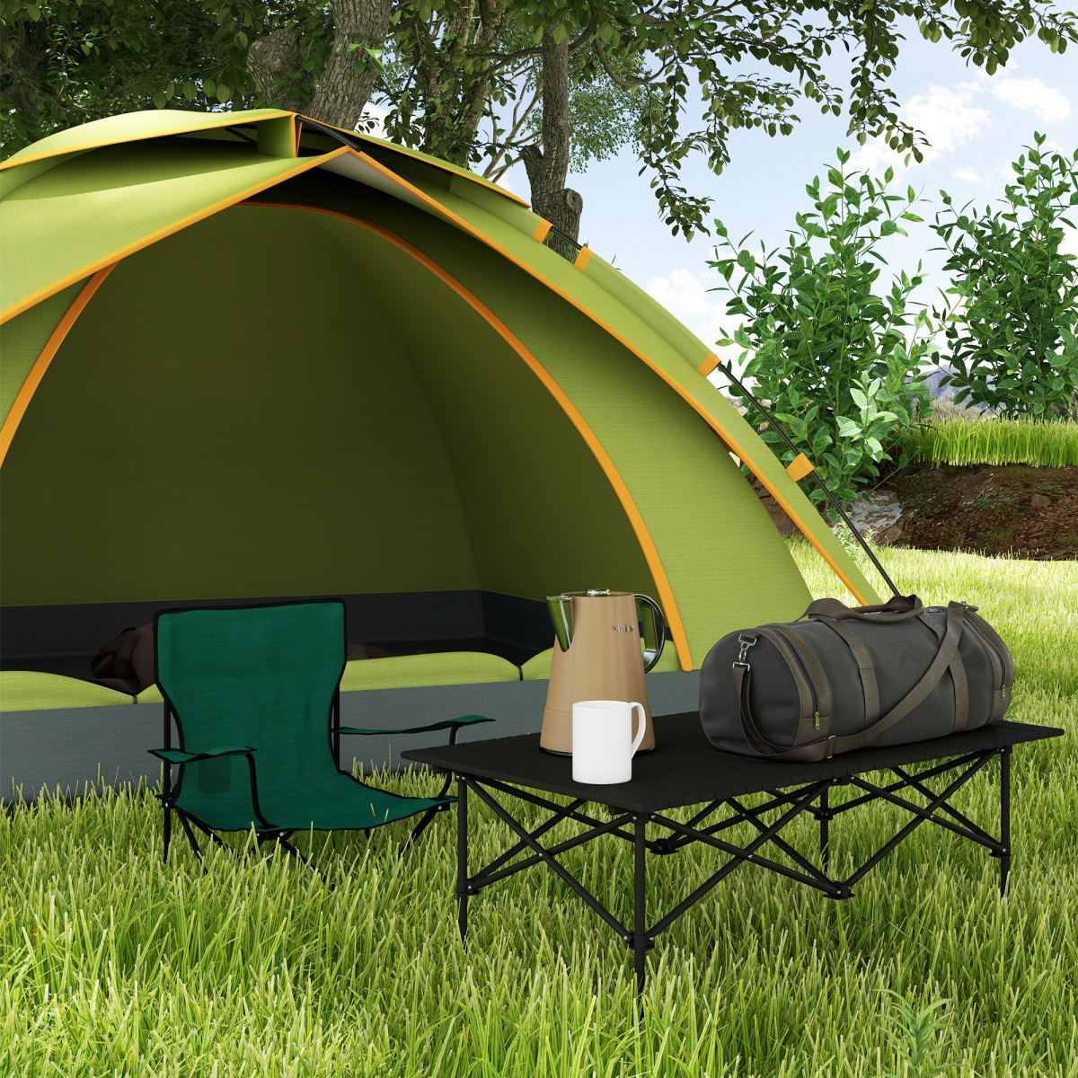 Outsunny Portable Folding Camping Table with Roll Up Aluminium Top Carry Bag