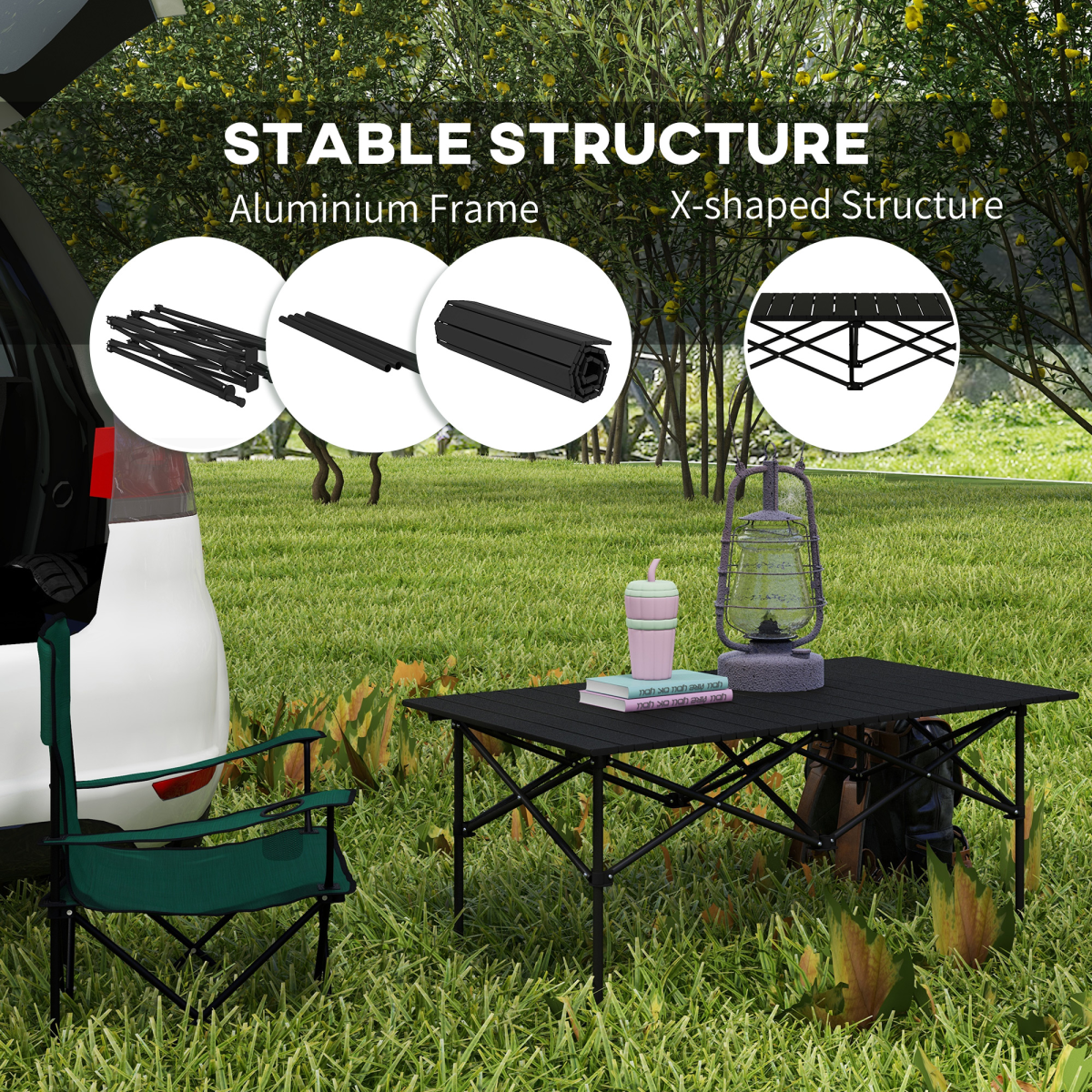 Outsunny Portable Folding Camping Table with Roll Up Aluminium Top Carry Bag
