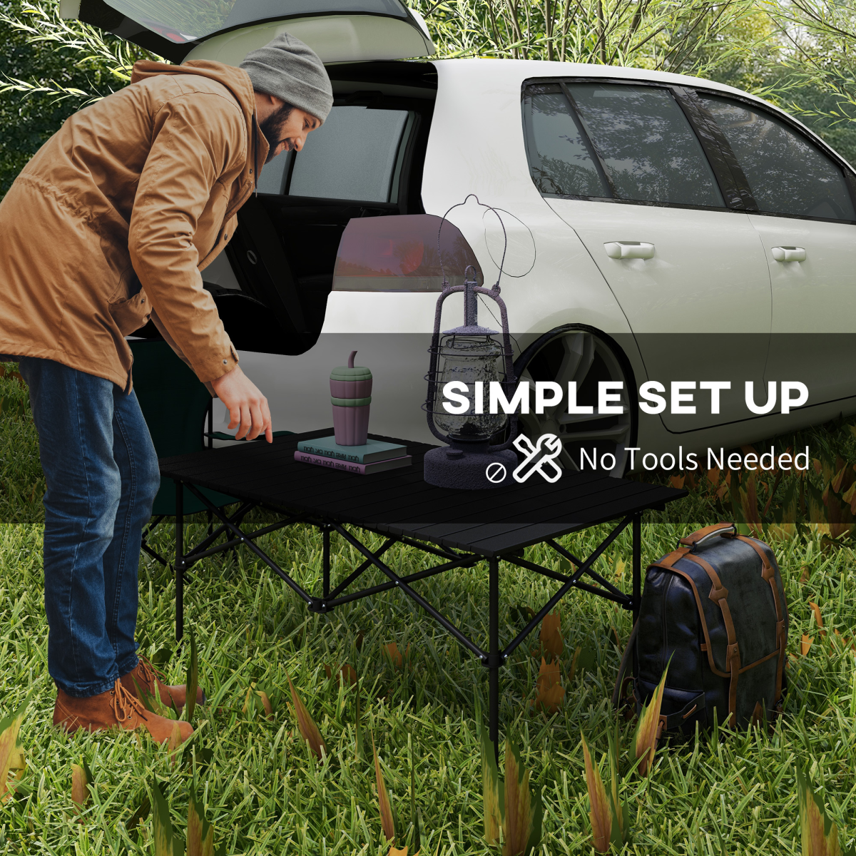 Outsunny Portable Folding Camping Table with Roll Up Aluminium Top Carry Bag