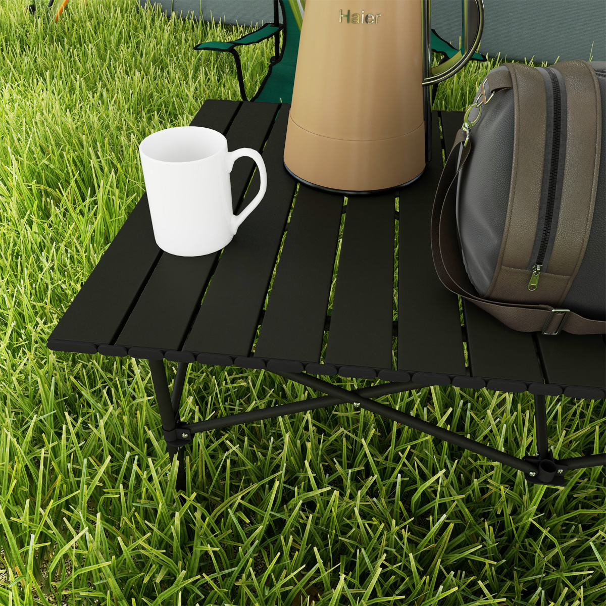 Outsunny Portable Folding Camping Table with Roll Up Aluminium Top Carry Bag